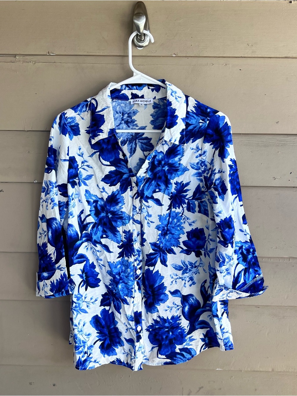 Sara Michelle Blue Floral Button Down Shirt Size M Modest Casual Work